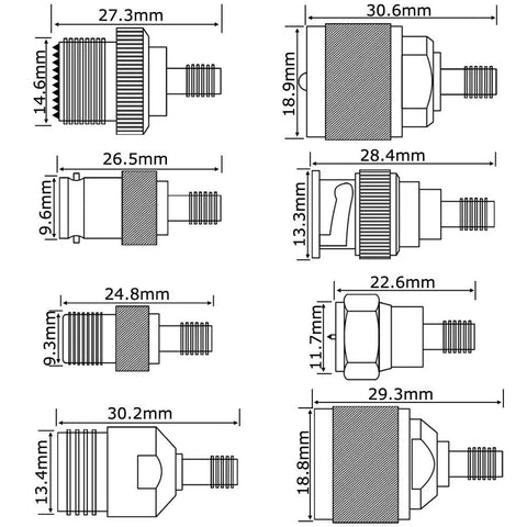 Technical diagram of 16-Piece SMA Adapter Kit With Gold-Plated Brass RF Connectors SMA To BNC N F UHF PL259 SO239 Coaxial Adapters