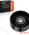Front view of A-Premium belt idler pulley in black with metal bearing; packaging box in background.