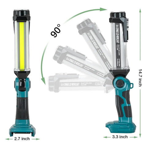 Cordless LED Work Light For Makita 18V Battery 2000 Lumen Handheld Floodlight with adjustable angle and measurements