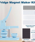 No Sweat DIY Fridge Magnet Button Press Machine With Complete One Hundred Piece Starter Pack For 50 Millimeter Square Photo Crafts and totally fresh kitchen decor, blue machine with accessories.