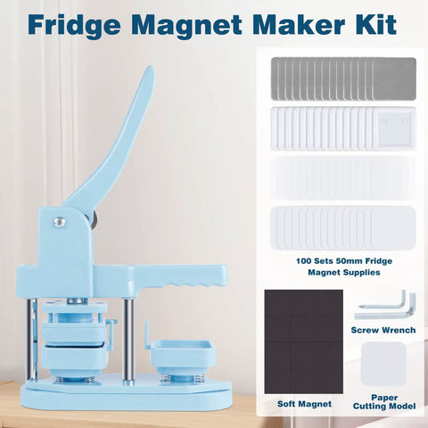 No Sweat DIY Fridge Magnet Button Press Machine With Complete One Hundred Piece Starter Pack For 50 Millimeter Square Photo Crafts and totally fresh kitchen decor, blue machine with accessories.