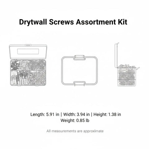 270 Piece Drywall Screw Kit With Carbon Steel Self Tapping Zinc Plated Screws For Wood Studs And Gypsum Panels, case dimensions shown