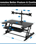 Dual Monitor Standing Desk Converter With 36 Inch Wide Surface Height Adjustable Riser Manual Lift Gas Spring Built In Two Monitor Mounts Sit Stand Desk Converter For Two Screens Up To 32 Inches Black shown with measurements and features