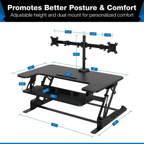 Dual Monitor Standing Desk Converter With 36 Inch Wide Surface Height Adjustable Riser Manual Lift Gas Spring Built In Two Monitor Mounts Sit Stand Desk Converter For Two Screens Up To 32 Inches Black shown with measurements and features