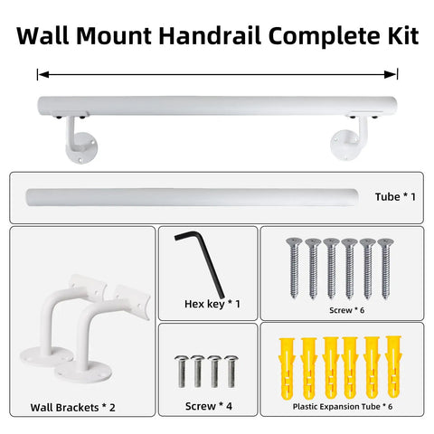 Built Like A Tank Two Foot White Steel Stair Railing With Heavy Duty Wall Mount Brackets To Keep Your Footing Locked Down On Indoor And Outdoor Steps As A Senior Grab Bar Complete installation kit with brackets and screws.