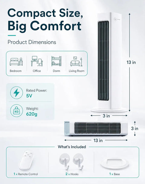 Ultra Quiet Bladeless Personal Cooling Fan With Cordless Rechargeable Power For Bedroom Or Office Oscillating Desk Cooler Safe 3 Speed Small Room Cooling White shown with dimensions and accessories