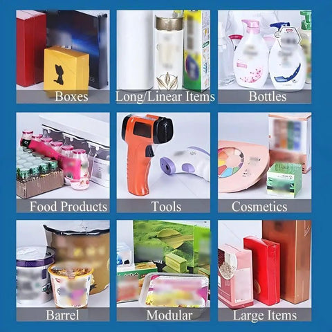 Heavy Duty Shrink Wrap Machine Sealer For POF And PVC Film With Heat Gun And 9 Temp Levels, packaging various items including bottles and boxes.