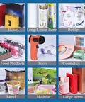 Various items including boxes, bottles, and food products organized for shrink wrapping with Heavy Duty Shrink Wrap Machine With Heat Gun 600Mm Width And Stainless Steel Roller.
