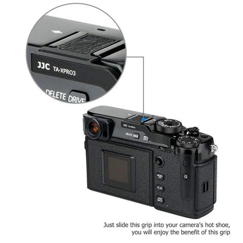 Deluxe Metal Thumb Up Grip For Fujifilm X Pro 3 X Pro 2 X Pro 1 Mirrorless Cameras With Hot Shoe Mount attached on camera