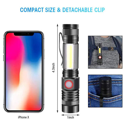 Rechargeable Tactical Flashlight With Magnetic Base And COB Work Light Ultra Bright LED Beam Four Modes High Low Strobe COB