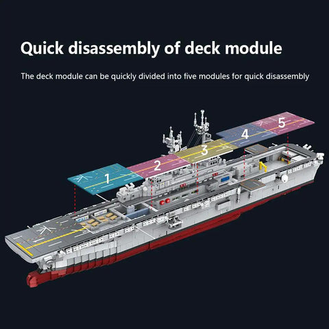 Disassembled deck module of US Navy Warship Brick Set, Wasp Class Amphibious Assault Carrier Model Over 5200 Bricks