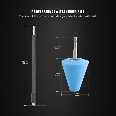 Five Piece Pro Grade Car Polishing Cone Kit For Your Drill, Buffing Sponges And Polishing Ball, dimensions displayed