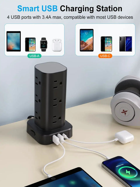 17 In 1 Power Strip Tower With Wireless Charger, Flat Plug Surge Protector, 10ft Extension Cord, 12 AC Outlets And 4 USB Ports (2 USB-C, 2 USB-A), 15W Wireless Charging For Home Office Dorm, Black, black tower with USB devices
