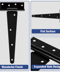 10 Inch T Strap Shed Door Hinge Heavy Duty 2 Pack showing matte black finish, flat surface, and expanded hole design.