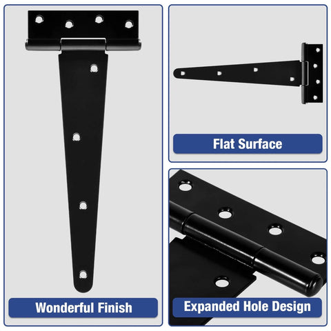 10 Inch T Strap Shed Door Hinge Heavy Duty 2 Pack showing matte black finish, flat surface, and expanded hole design.