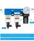 One Quarter Inch NPT Air Drying System With Dual Air Filters And Regulator Combo Manual Drain Poly Bowl For Shop Air Lines Durable And Easy Maintenance, front view with instructional steps