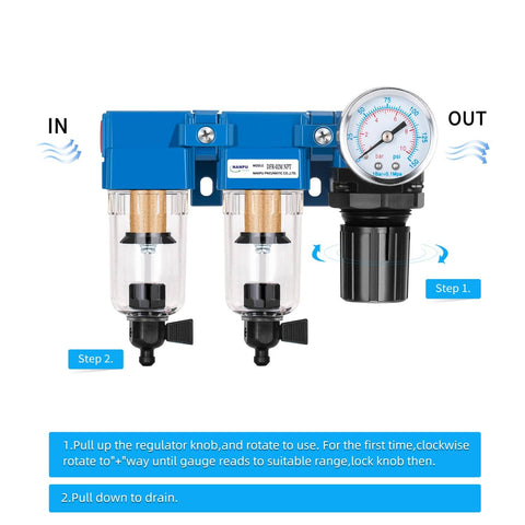 One Quarter Inch NPT Air Drying System With Dual Air Filters And Regulator Combo Manual Drain Poly Bowl For Shop Air Lines Durable And Easy Maintenance, front view with instructional steps