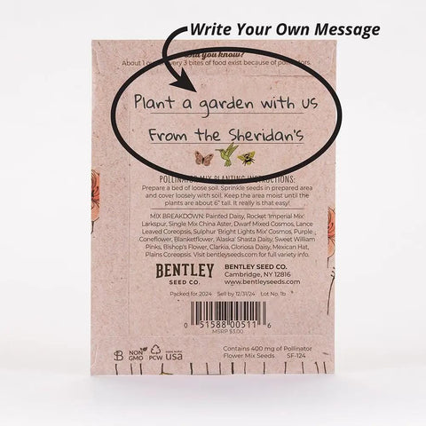 Rear view of Bentley Pollinator Mix Ready-To-Sow Wildflower Seeds Packets with custom message area for butterfly gardens.