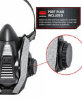 Close-up of Top Shelf Half Face Tactical Respirator Mask With Quick Release Harness showing port plug for single-cartridge use.