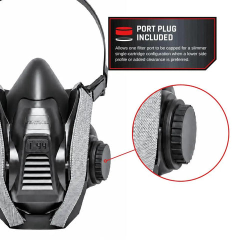 Close-up of Top Shelf Half Face Tactical Respirator Mask With Quick Release Harness showing port plug for single-cartridge use.