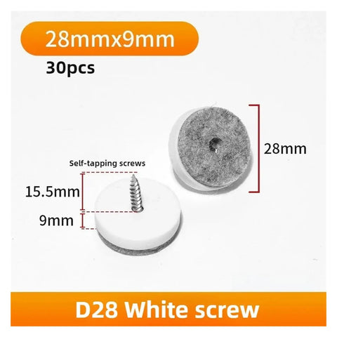 Premium Chair Leg Floor Protectors 30 Piece Pack With Thick Felt Pads And Threaded Screws, showing 28mm white floor glides with felt.