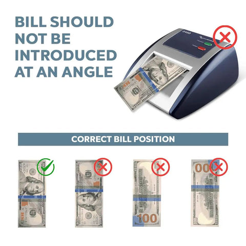 D450 Counterfeit Money Checker With Ultraviolet, Magnetic Ink, Infrared, Watermark And Micro Printing Detection In Under One Second showing correct bill position