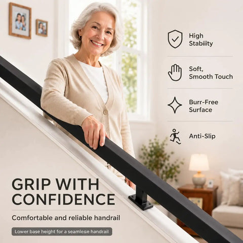 Five Hundred Pound Legit Heavy Duty Stair Handrail Wall Mounted Rock Solid Reinforced Steel Zero Play Banister Safe Grip For Seniors And Kids Built Tough Home Upgrade close-up of woman holding ergonomic handrail on stairs.