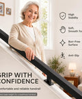 Woman using 7 Foot Wall Mounted Handrail Premium Heavy Duty Stair Railing Rock Solid Steel Safety Grab Bar With 500 Pound Capacity Real Long Lasting Build For Indoor Stairs.