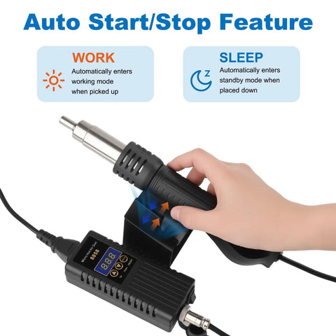 Digital Hot Air Rework Station Kit for SMD Rework and Desoldering with precise temperature control, showing auto start/stop feature.
