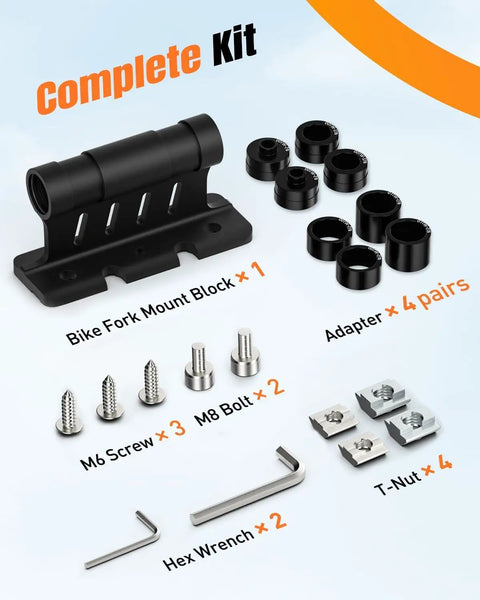 Complete kit of heavy duty bike fork mount block with upgraded aluminum alloy and 8 cone adapters displayed