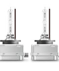 Night Breaker Laser D1S HID Xenon Bulb Next Generation 200 Percent Brighter Up To 250 Meter Long Beam Xenon Lighting For Safer Driving Duo Box With Two Lamps displayed side by side