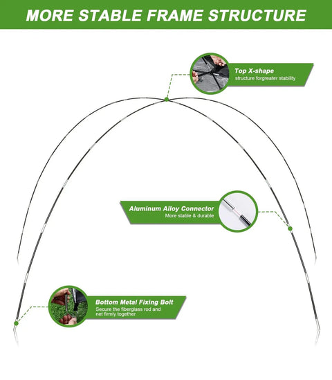 Frame structure of All In One 10x7 Foot Golf Practice Net showing top X-shape, aluminum alloy connector, and metal fixing bolt.