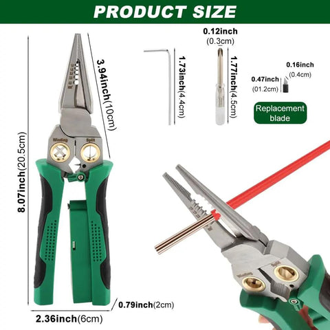 Eight In One Wire Stripper With Voltage Tester For Electricians showing size details, heavy duty crimping tool for 10 to 24 AWG