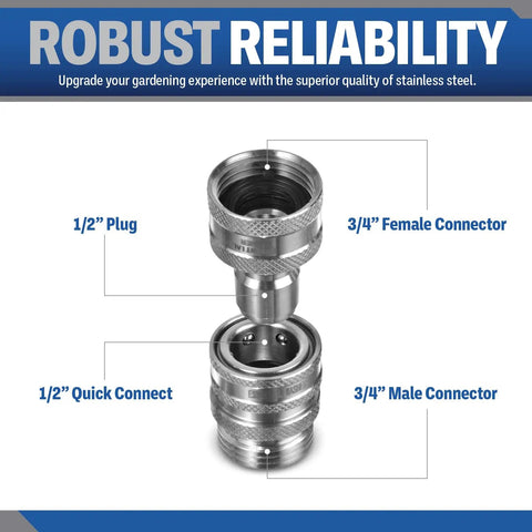 Stainless Steel Garden Hose Quick Connect Fittings Set Of 2 With 3/4 Inch Size Rust Resistant And Leak Free One Hand Operation Design