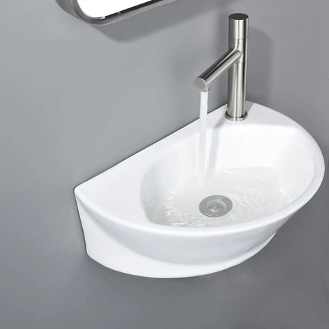 Small Wall Mount Porcelain Sink For Tiny Bathrooms And RVs, 16 Inch Long Corner Floating Basin, Space Saving Vanity Sink For Half Bath Powder Room, Easy Install, White Ceramic