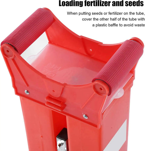 Red Portable Fertilizer Seeder and Seed Spreader with plastic baffle for your garden, showing easy-to-use durable build