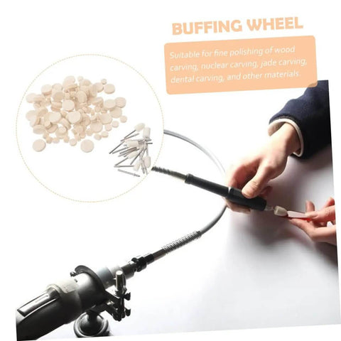 Close-up of 120 Piece Wool Felt Polishing Wheels Kit with Mandrel Shank for rotary polisher used on small delicate parts.