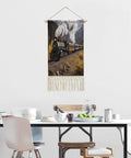 Dope Locomotive Train Wall Tapestry With Tassels Cotton And Linen Hanging Poster in dining room setting