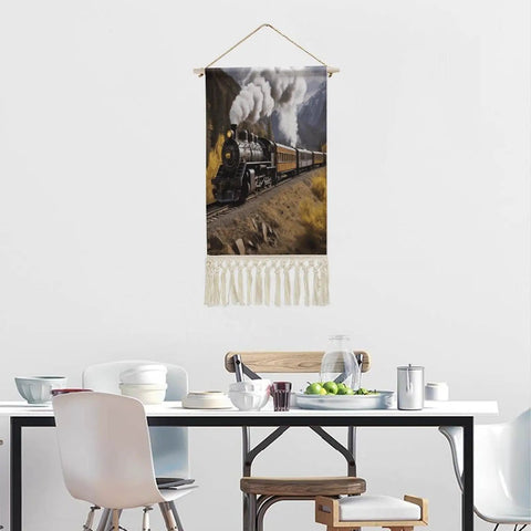 Dope Locomotive Train Wall Tapestry With Tassels Cotton And Linen Hanging Poster in dining room setting