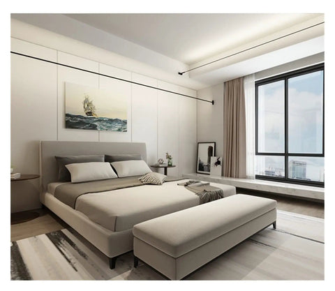 Effortlessly Sleek Modern Linear LED Wall Sconces With Remote Control For Cozy Bedroom And Living Room Vibes A Total Game Changer For Your Glow Up In Black Finish Dimmable Lighting in a stylish bedroom interior.