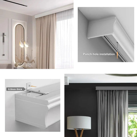 Double Curtain Pelmet Box With Heavy Duty Dual Tracks 3 In 1 Ceiling And Wall Mount Room Divider Curtain Rail For Living Room Bedroom Hotel And Villa White 180cm installed with curtains