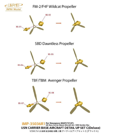 US Navy Carrier Based Aircraft Set C Deluxe Etched Parts showing FM-2, SBD, and TBF propeller designs for 1/350 model kits.