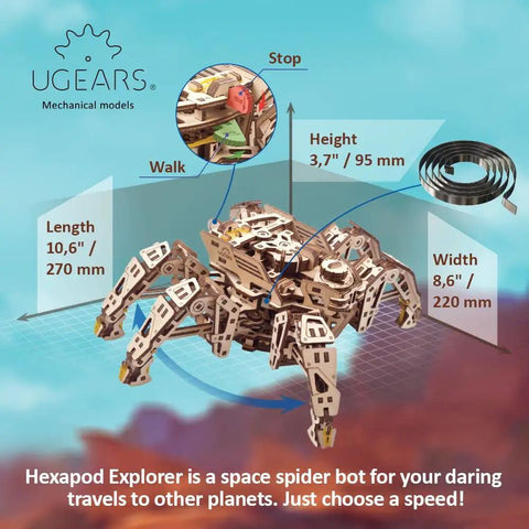 Six Legged Walking Robot Wooden Puzzle Kit For Adults DIY Hexapod Model With Self Propelled Motion Terrain Navigating Crawler Adjustable Speed Dial 270 mm x 220 mm x 95 mm