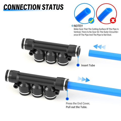 Diagram of connection status showcasing Pneumatic 1/4 Inch Tube OD Five Way Push Lock Union Cross Fittings Set