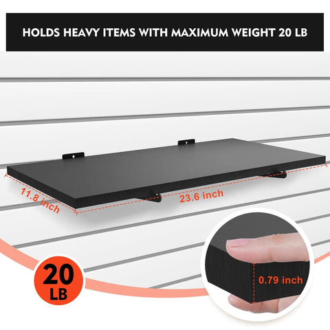 Front view of Six Pack Wooden Slatwall Shelves With Heavy Duty Metal Brackets For Home And Garage Organization, 24 By 12 Inch Slat Wall Storage, Space Saving Wall Shelves Kit