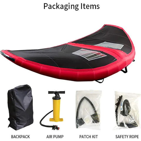 Inflatable Wingsurfer Kite For Wind Wing Foiling And Kitesurfing, Durable 6 Square Meters Canopy With Clear Window, Easy Setup shown with accessories.