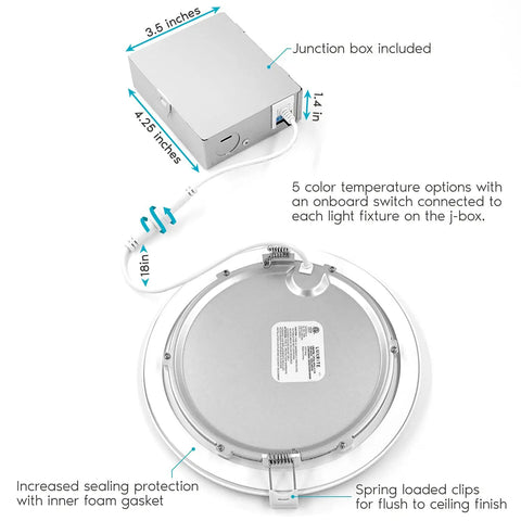 4 Pack 8 Inch Ultra Thin LED Recessed Lights With J-Box junction box and light detail, seal and clips visible.