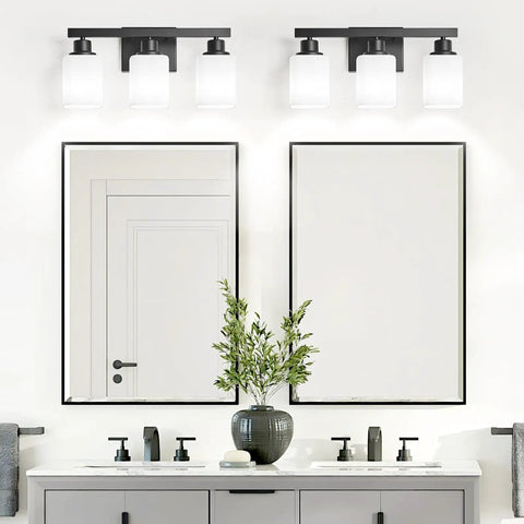Straight Up Solid 3 Light Bathroom Vanity Lights With Square Frosted Glass Shades Matte Black Wall Sconces over mirrors.