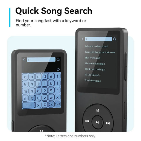 Bluetooth 5.3 MP3 Player With Built In Speaker 1.8 Inch Screen showing quick song search feature