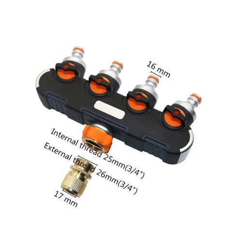 Four Way Garden Hose Splitter Valve Kit For Easy No Fuss Irrigation Setup, 16Mm Hose Fittings, Durable Orange Tap Adapter, All In One Four Way Water Connector For Lawn, Plants, And Landscaping. Black four-way hose splitter with 16 mm and 3/4 inch thread labels.